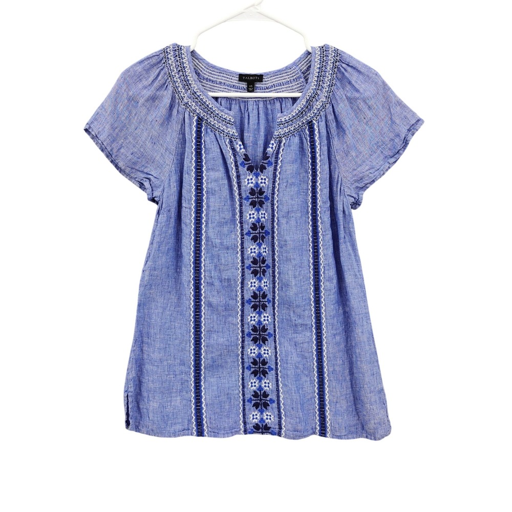 Talbots Womens Blouse Boho Coastal XS Blue 100% Linen Embroidered Peasant Top